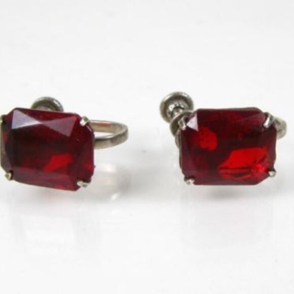 Antique Emerald Cut Ruby Non Pierced Earrings Sterling Silver - Picture 1 of 7